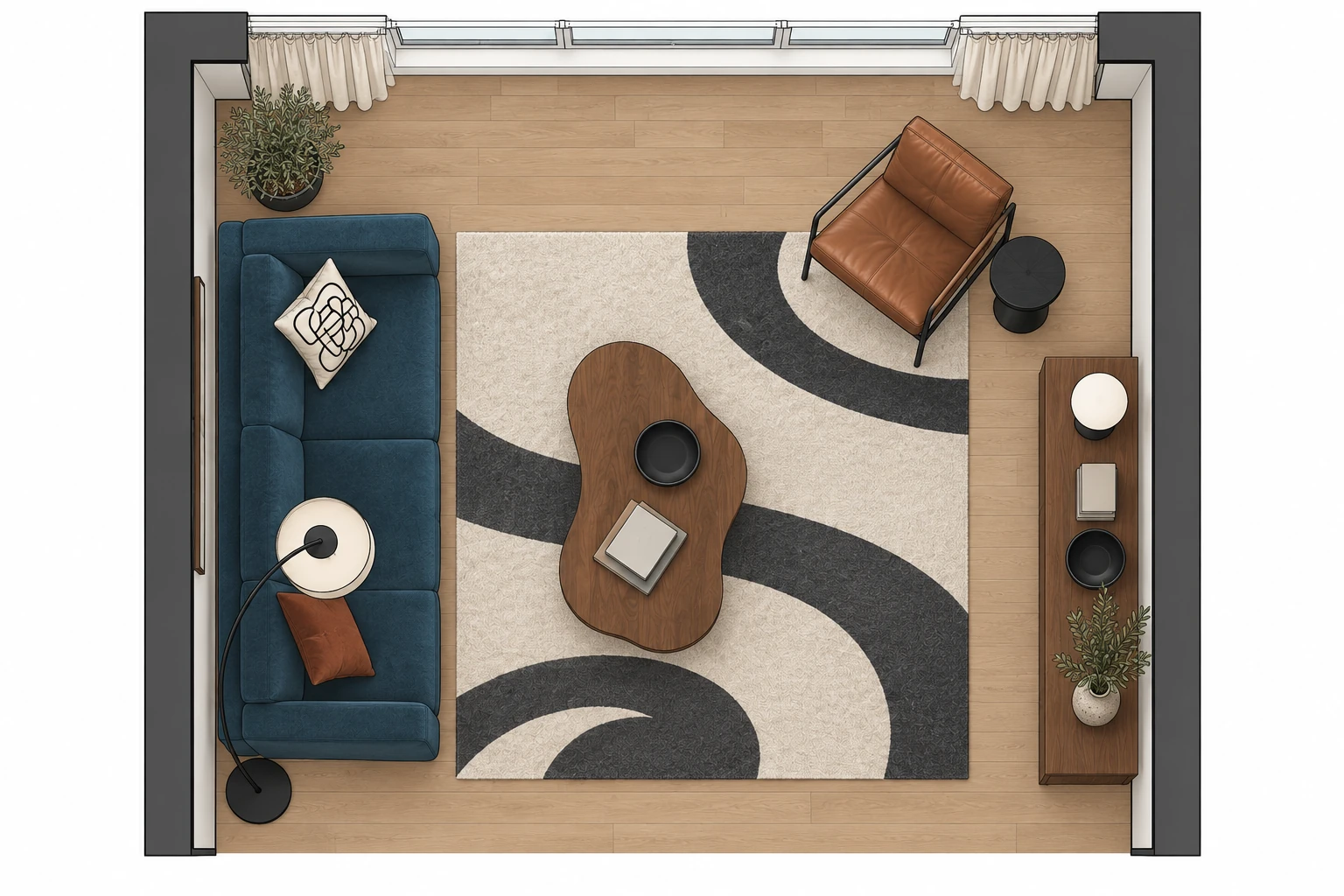 Modernisation d'un séjour d'appartement : plan 2D en couleur, avec mobilier et matériaux