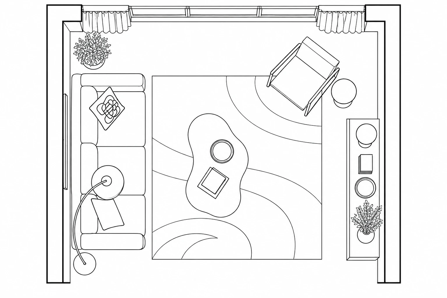 Modernisation d'un séjour d'appartement : plan 2D au trait, vu de dessus