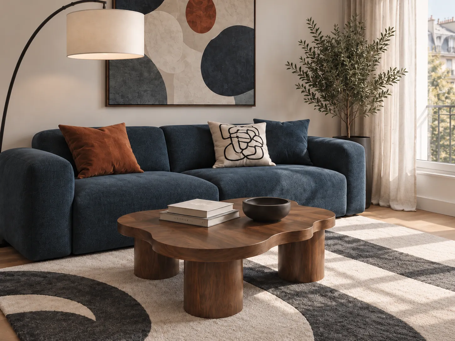 Modernisation d'un séjour d'appartement : détail des matières et du mobilier