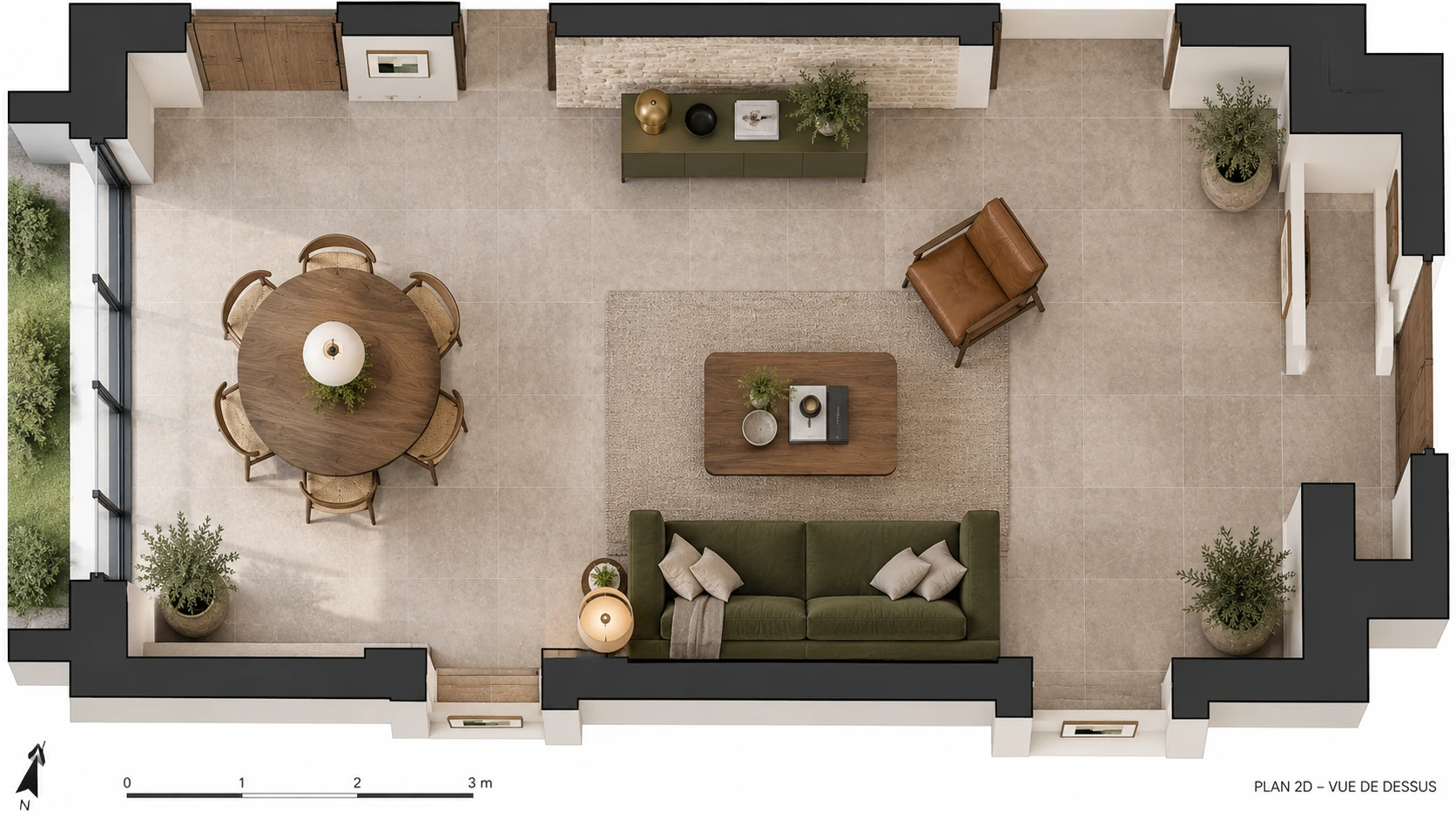 Rénovation d'une maison familiale à Toulouse : plan 2D en couleur, avec mobilier et matériaux