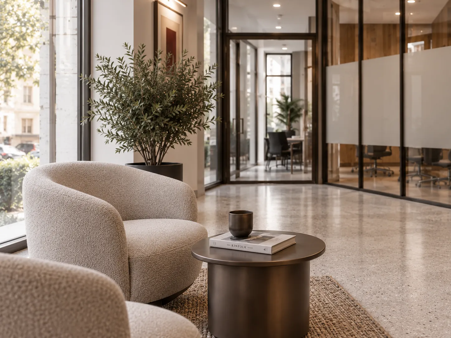 Aménagement d'un espace d'accueil professionnel : détail des matières et du mobilier